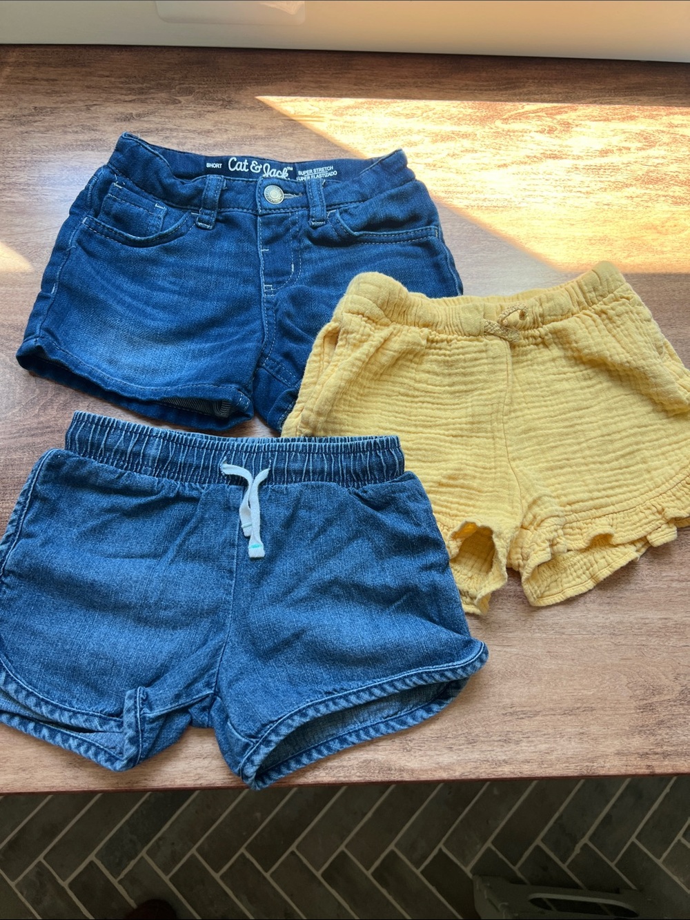 Lot of 3 Cat & Jack Blue Denim and Yellow Knit Shorts Trio